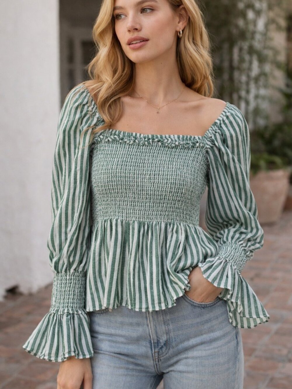 5à7 Cinq a Sept Smocked Stripe Crop Blouse | Puff Sleeve | Cotton | XS | Green W